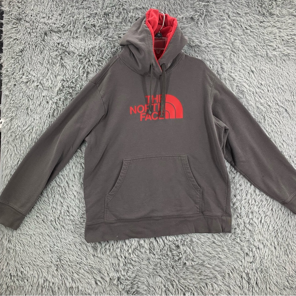 North Face Hoodie Mens Large Gray Red Pullover Kangaroo Pocket